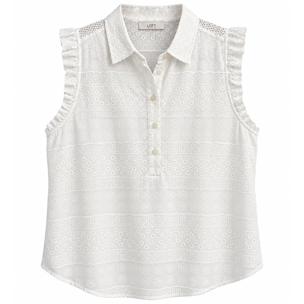 NWT LOFT White Embroidered Eyelet Blouse XL Ruffle Sleeve Cotton MSRP $60